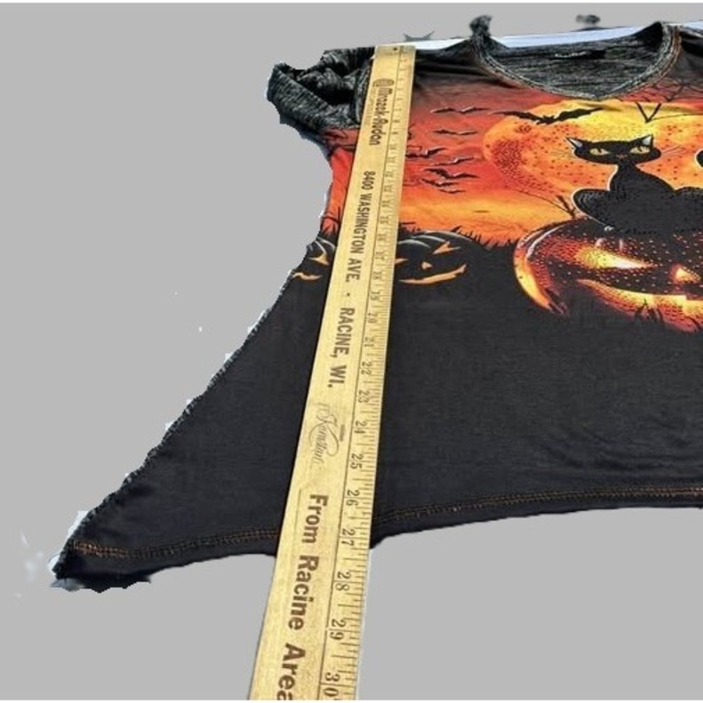 Onque Casual Halloween Black Cat Pumpkin Rhinestone Top Size L Grey Orange Black - Picture 14 of 14